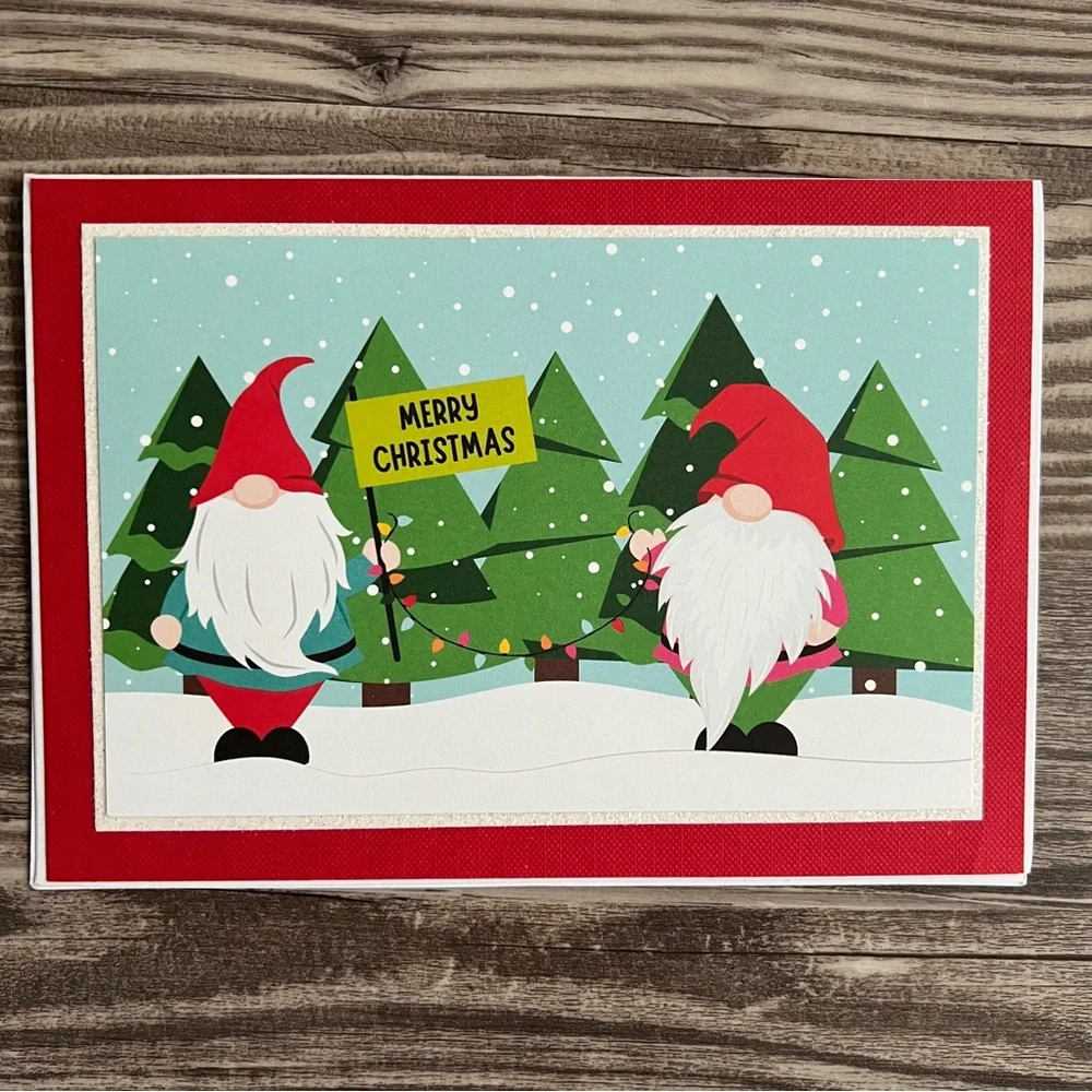 Handmade Christmas Holiday Gnome Greeting Cards Set of 12 5”x7” With Envelopes